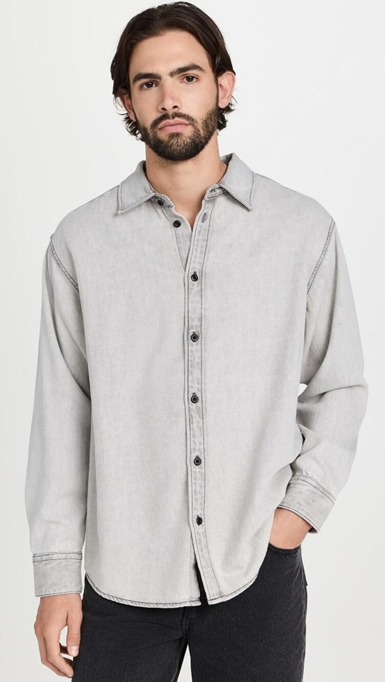 Rag & Bone Mens Denim Matthew Long Sleeve Button Up Shirt Large Distressed
